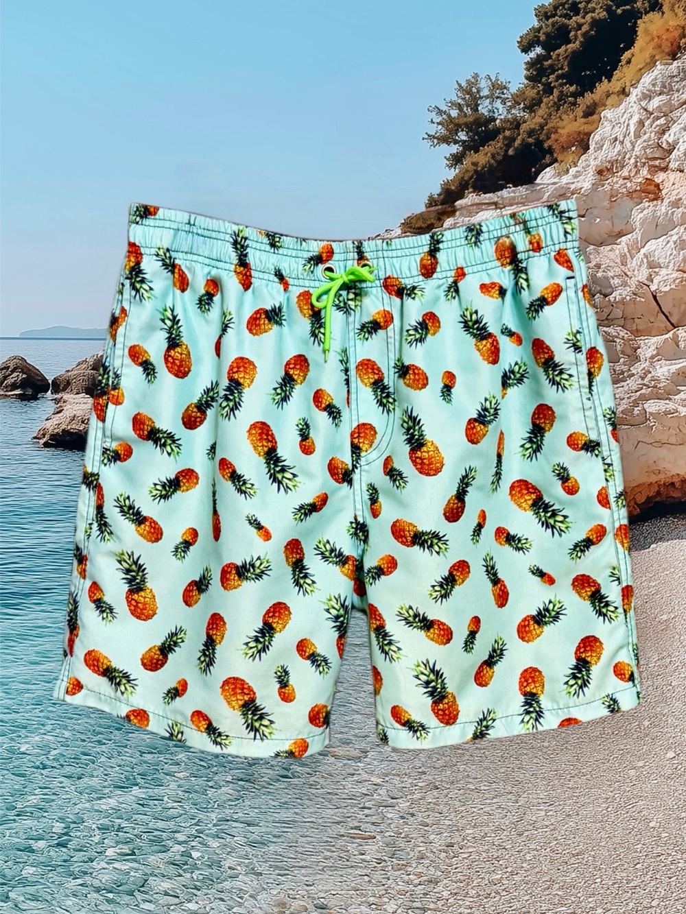 Men's Pineapple Print Swim Trunks - Light Blue size Medium